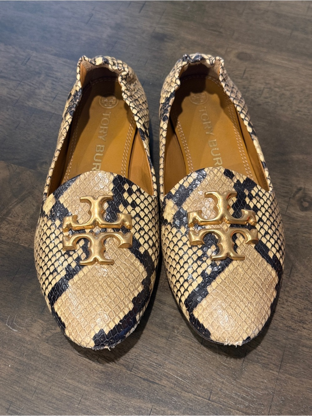 Tory Burch Snakeskin Print Gold Logo Leather Flats